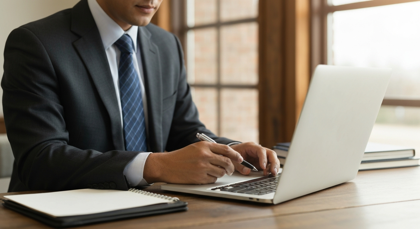 Business owner reviewing Oklahoma state registration requirements on a laptop in Shawnee