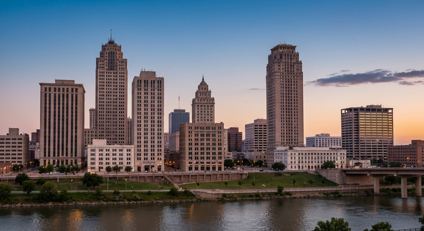 Tulsa Oklahoma skyline at dusk viewed from the Arkansas River showing the city's mix of historic Art Deco and modern architecture