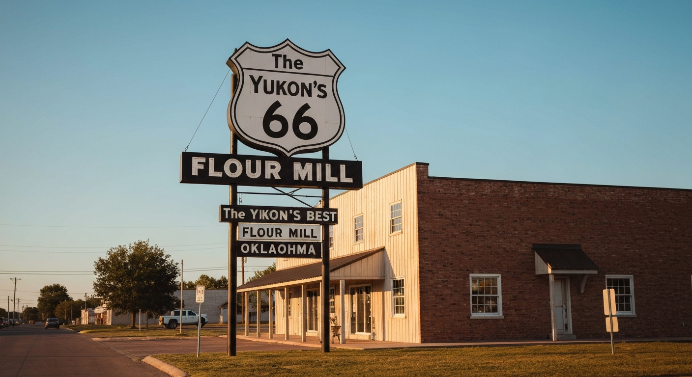 The iconic Yukon's Best Flour Mill sign along Route 66 in downtown Yukon Oklahoma